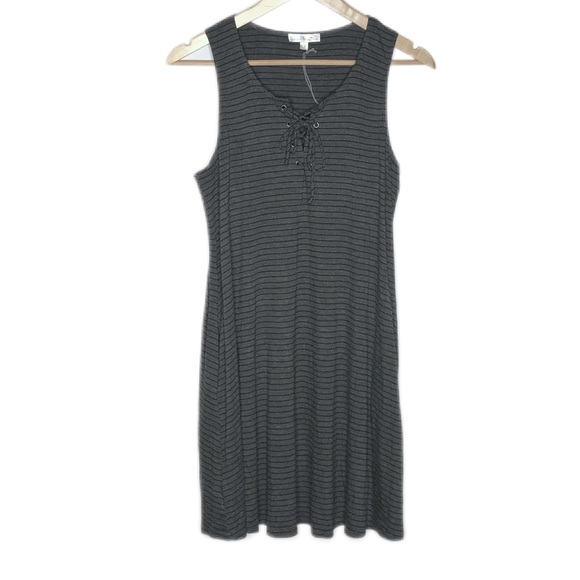 NEW Nine Britton Stevie Lace Up Grey Stripe Dress - Picture 2 of 2